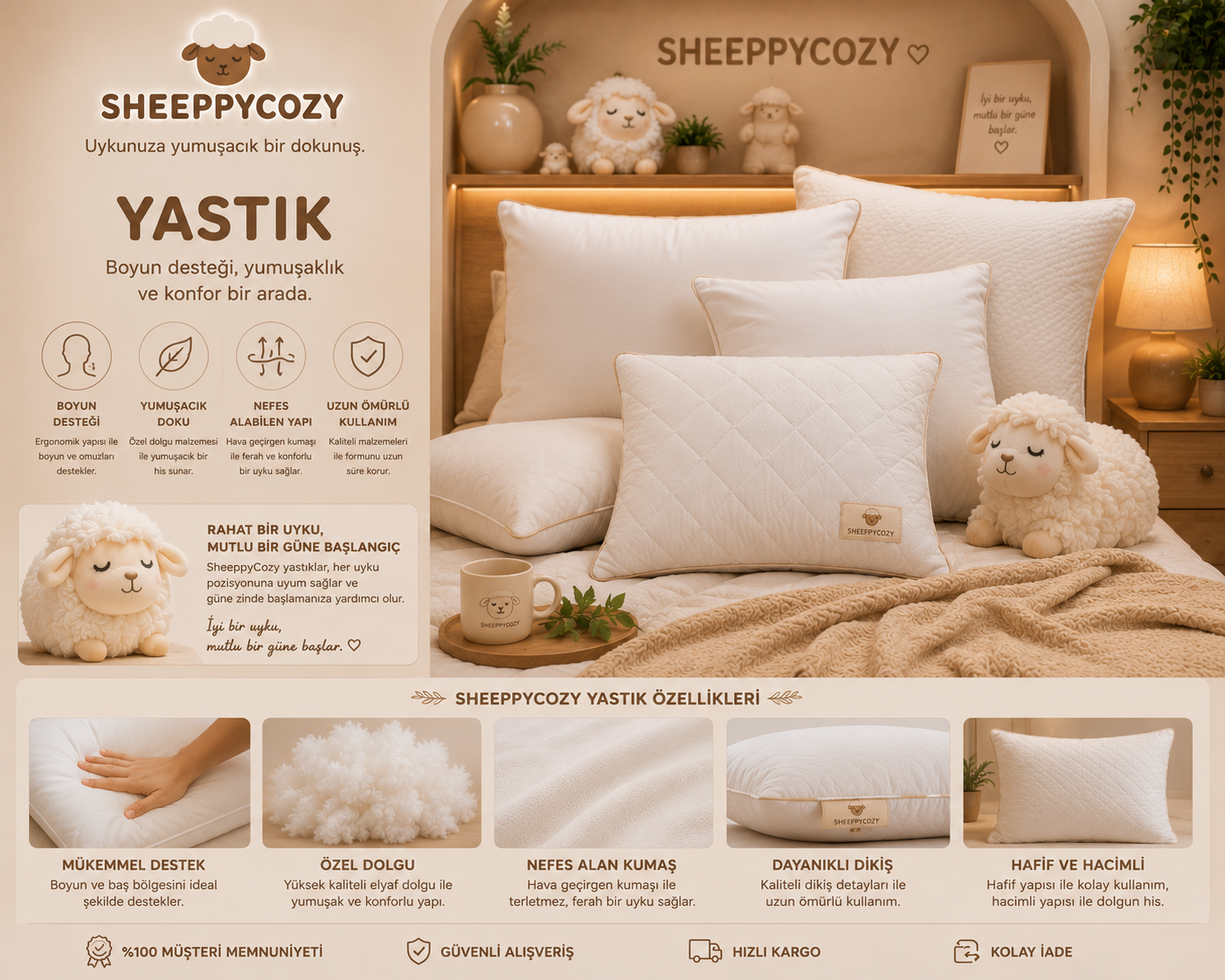 SheeppyCozy %100 Merinos Kuzu Yünü Boncuk Yastık – 50x70 cm