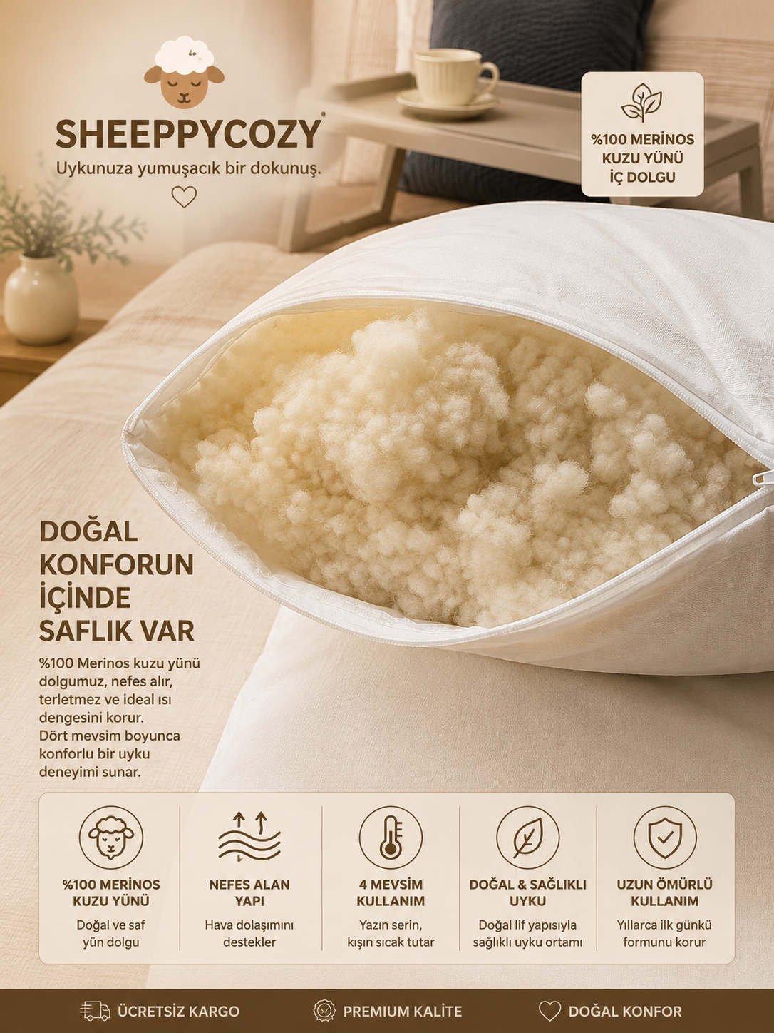 SheeppyCozy %100 Merinos Kuzu Yünü Boncuk Yastık – 50x70 cm