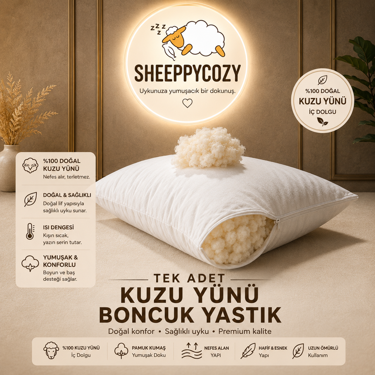 SheeppyCozy %100 Merinos Kuzu Yünü Boncuk Yastık – 50x70 cm